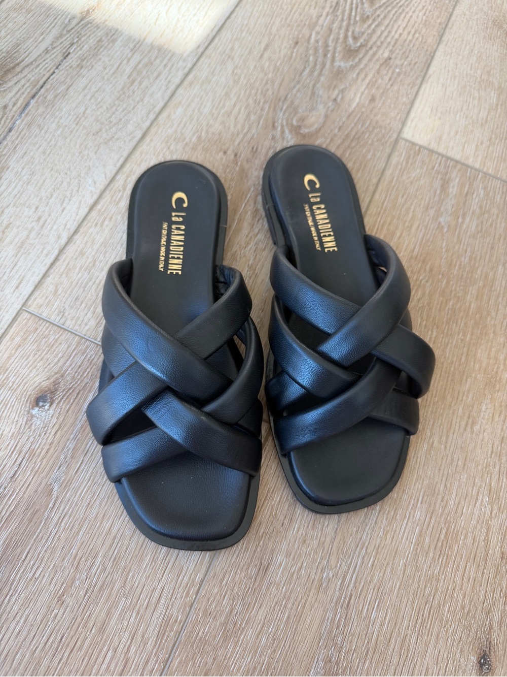 La CANADIENNE Black Braided Leather Slide Sandals